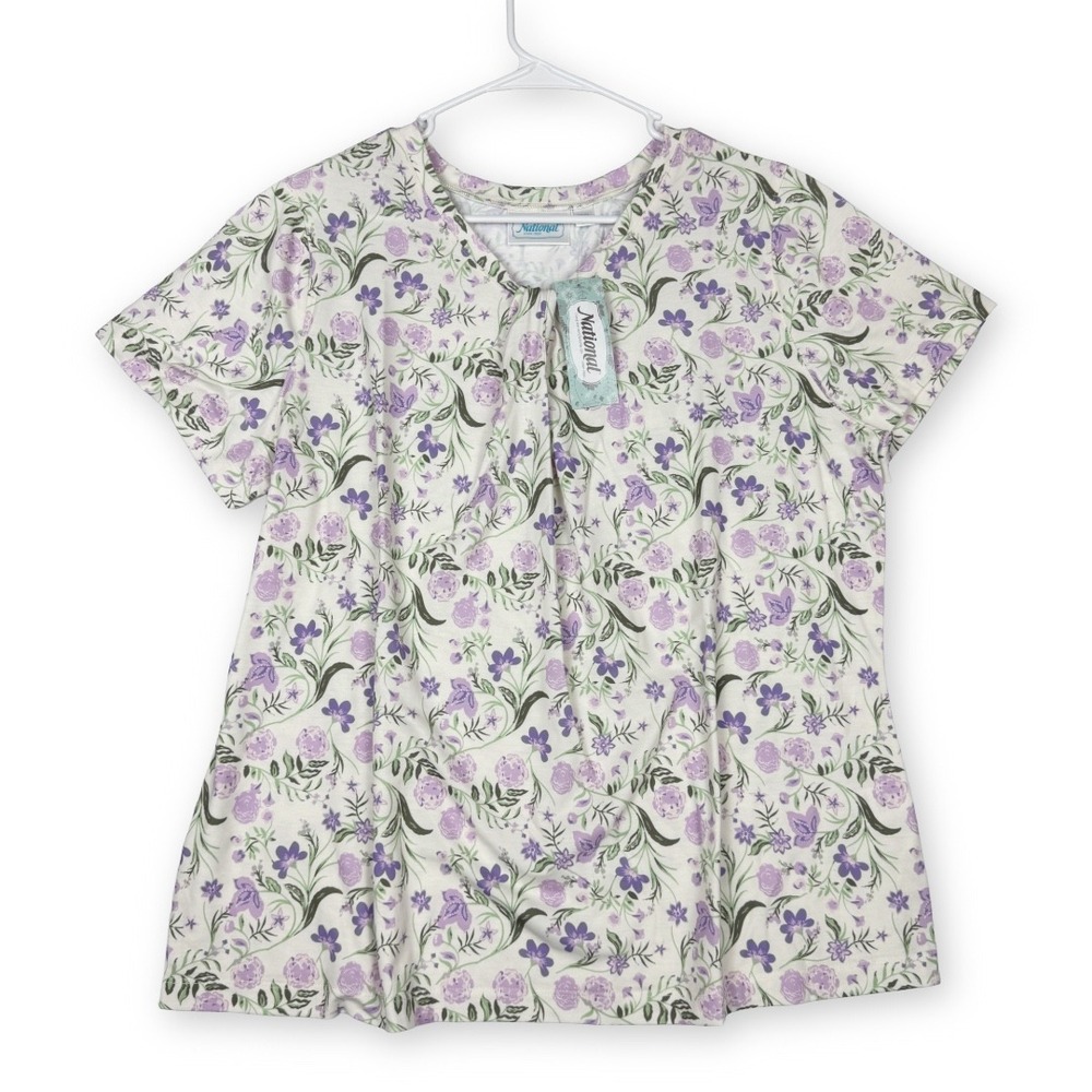 National Floral Short Sleeve Top Purple Green V-Neck Petite XL 23753 New